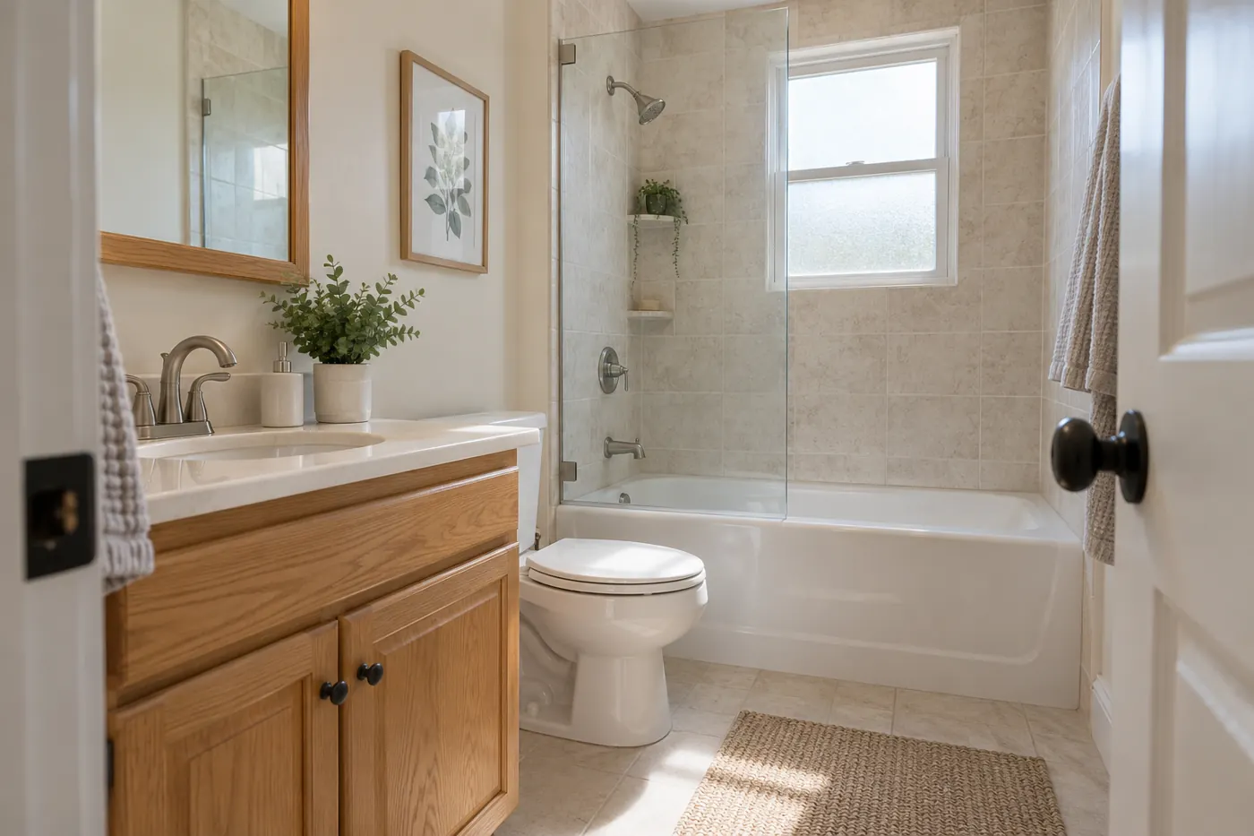 Compact bathroom with oak vanity, toilet and tub-shower in an existing layout