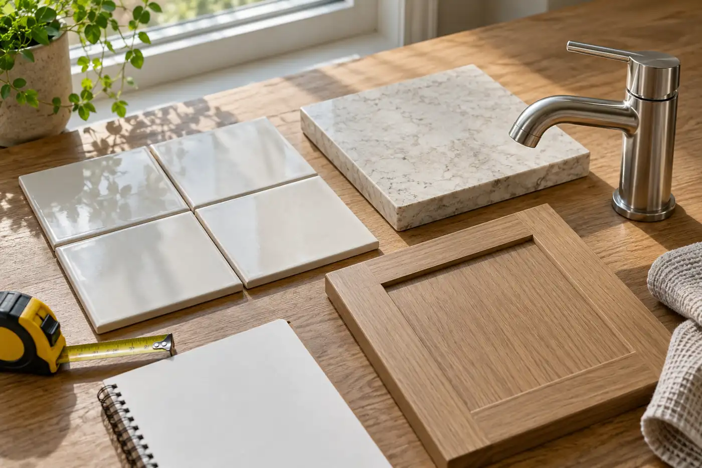 Tile, stone, oak finish and faucet samples for bathroom material planning