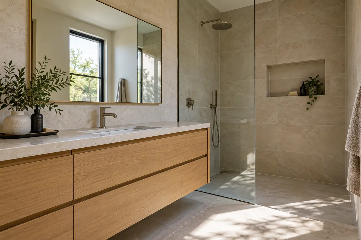 Custom oak vanity and tiled shower with a niche and frameless glass
