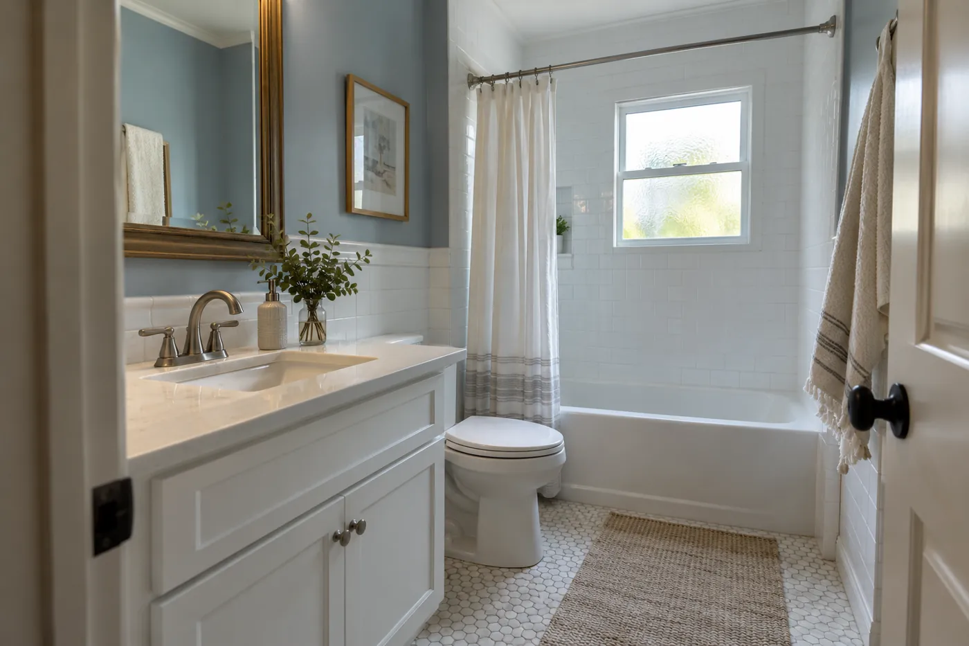 Working guest bathroom with a vanity, toilet and tub-shower