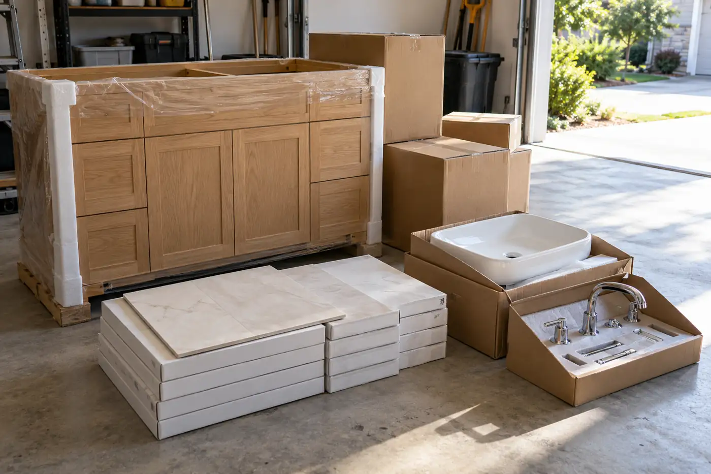 Protected vanity, tile cartons, basin and faucet staged for delivery inspection