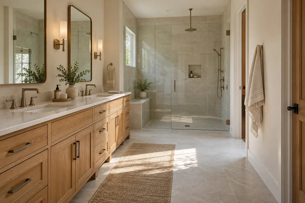 Warm bathroom with an oak double vanity, cream stone surfaces, and a glass shower in natural daylight