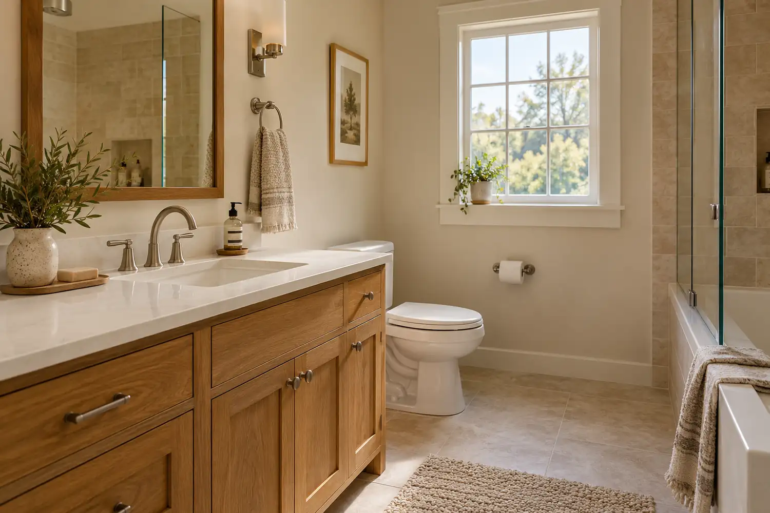 Oak bathroom vanity with cream walls, a white countertop, and soft window light