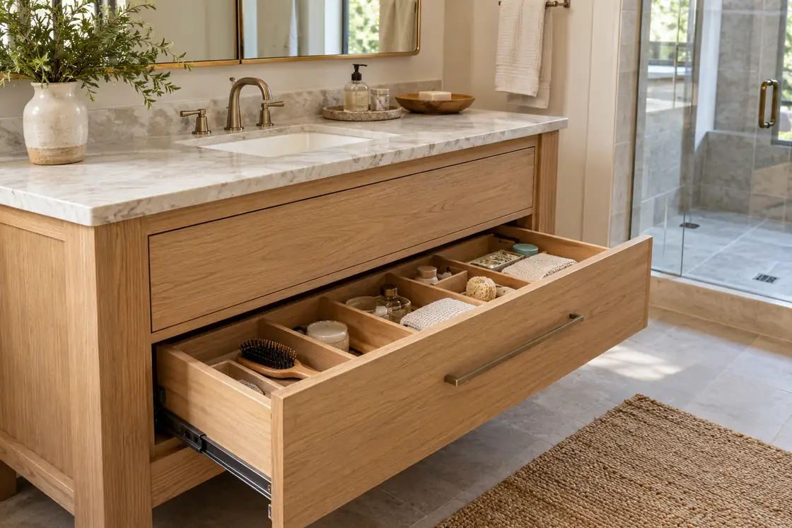 Open divided vanity drawer holding toiletries beneath a closed plumbing compartment