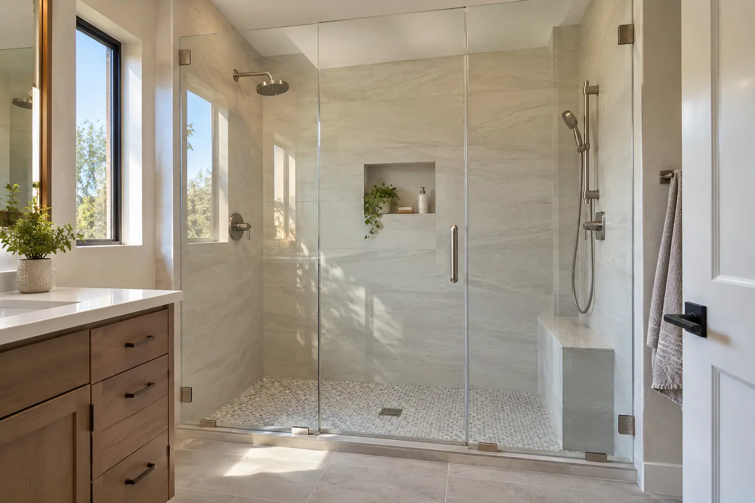 Glass-enclosed walk-in shower with a low curb, niche, seat, and handheld shower