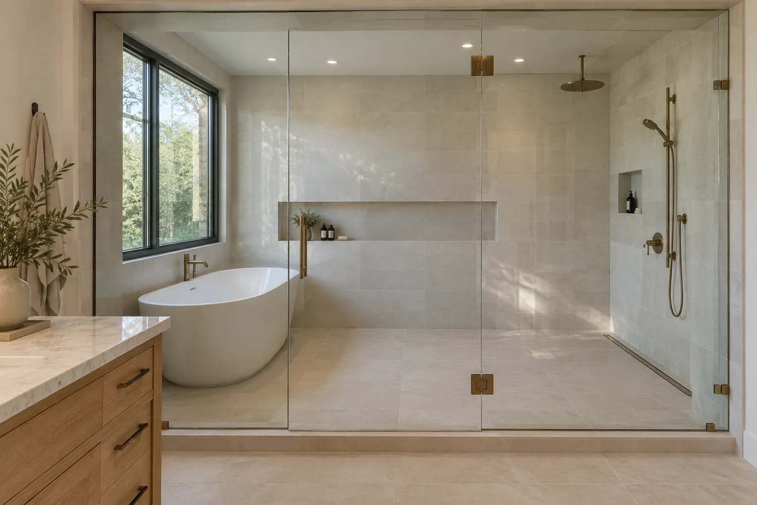 Bathtub and shower sharing a glass-enclosed wet zone beside an oak vanity