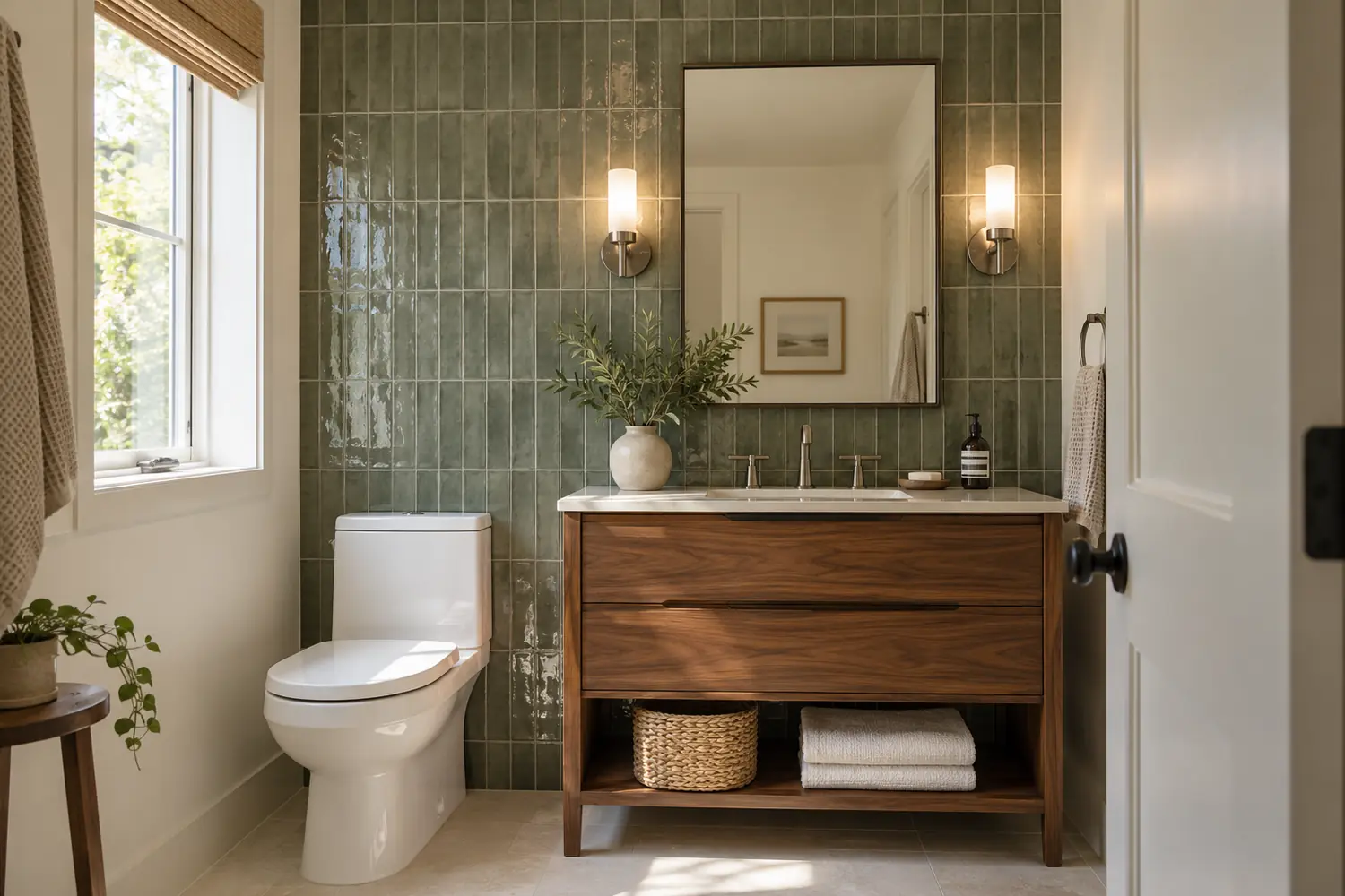 Sage green tile feature wall behind a walnut vanity and wall sconces