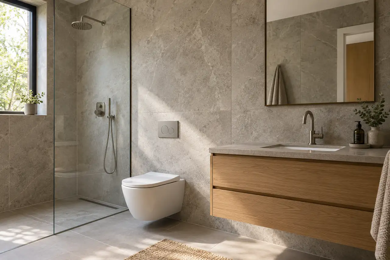 Bathroom with large stone-look wall panels, an oak floating vanity, and a glass shower