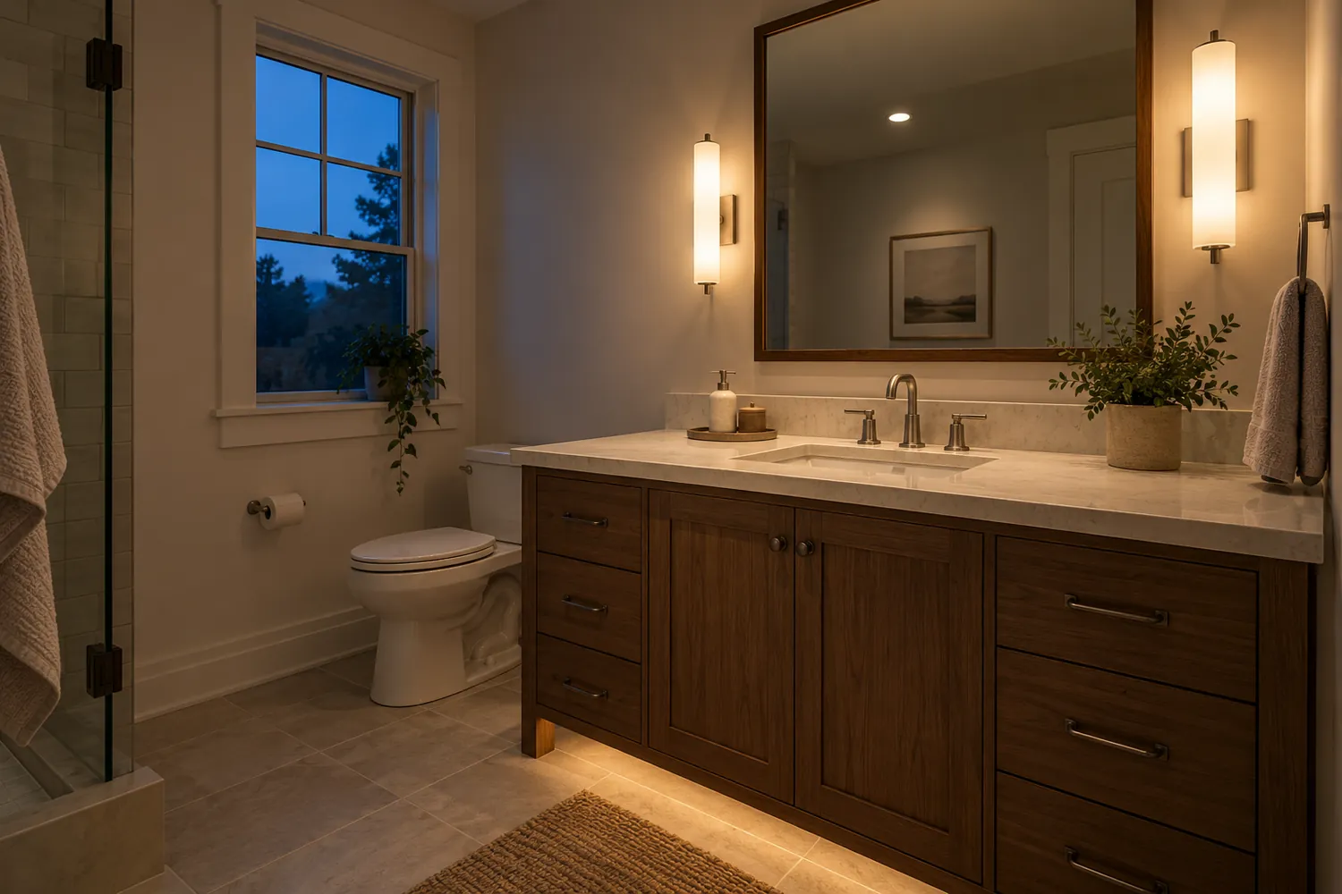 Layered bathroom lighting with mirror sconces, ceiling light, and a soft glow below a walnut vanity