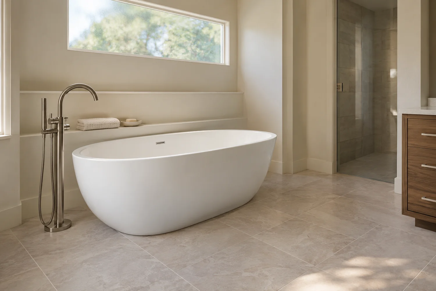 Freestanding soaking tub with a floor-mounted filler, nearby towel ledge, and natural window light