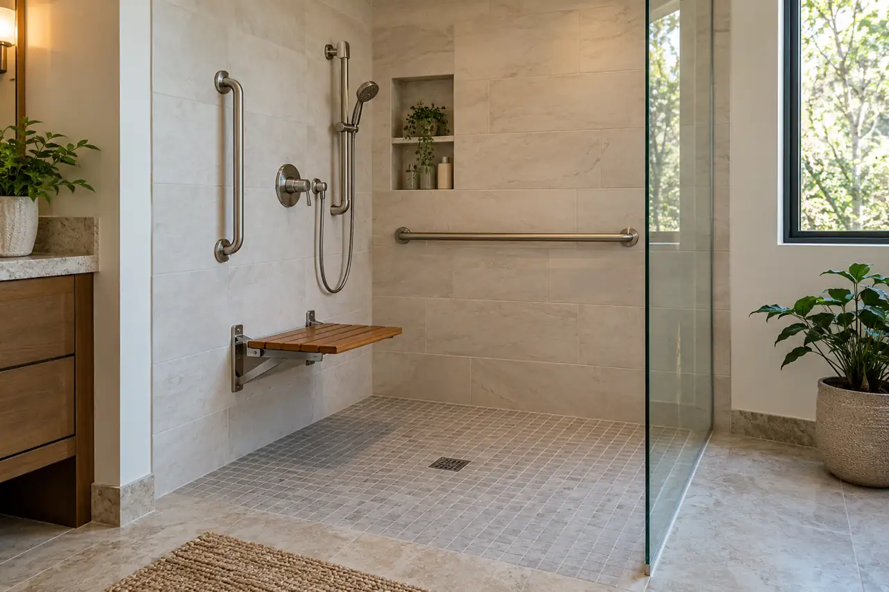 Curbless shower with grab bars, a folding seat, handheld shower, and small floor tiles