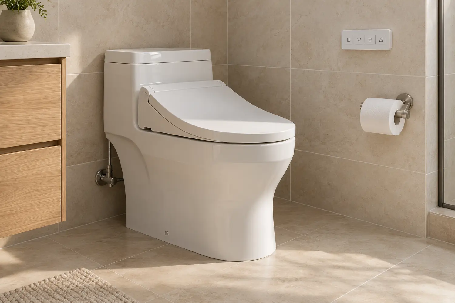 Bidet-style toilet with a closed lid and simple wall controls beside a wood vanity