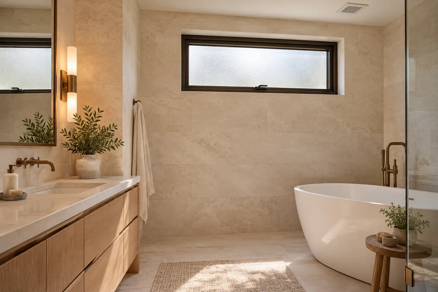 Bathroom with a high frosted awning window for privacy