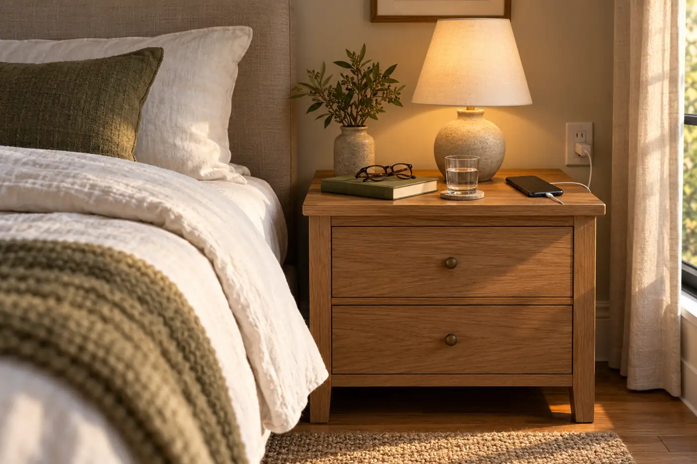 Bedside lamp, phone charger, glasses, book and water arranged on an oak nightstand