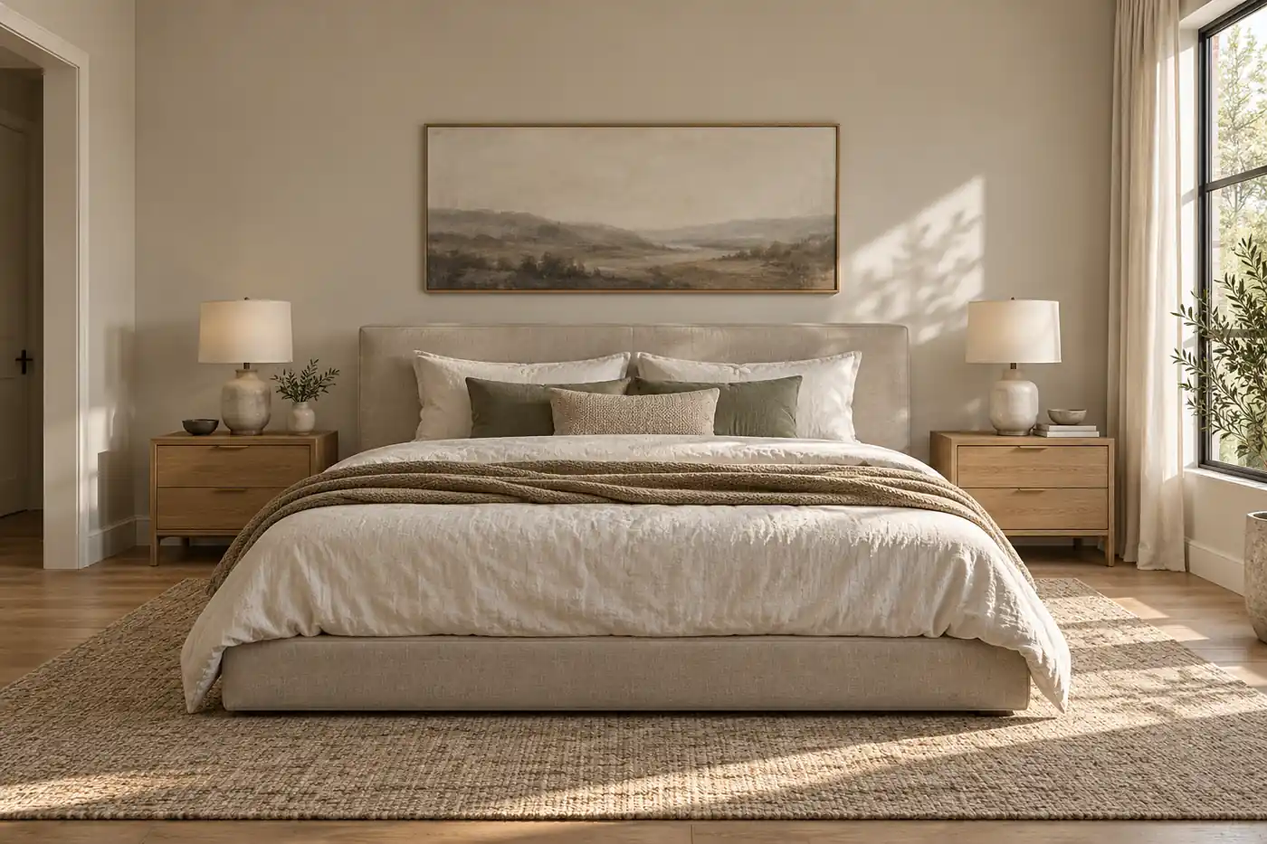 Front view of an upholstered bed with proportionate oak nightstands
