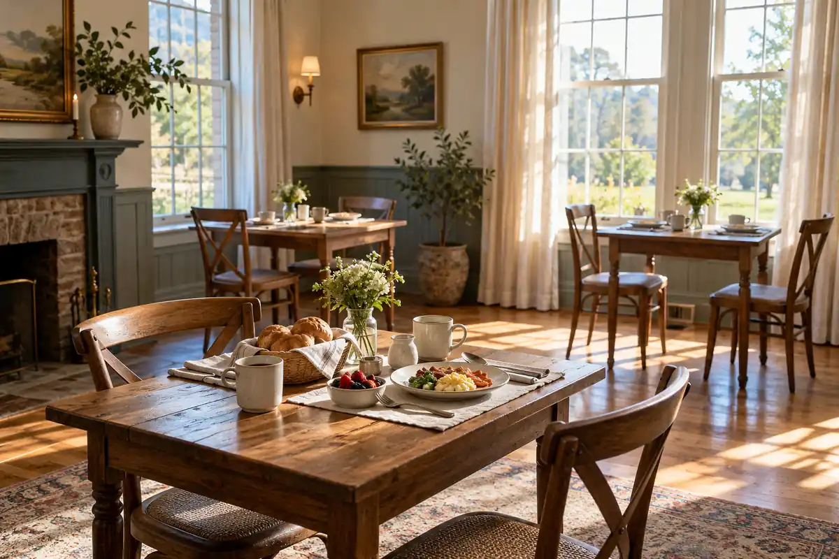 B&B breakfast room with separate tables, simple place settings and morning sunlight