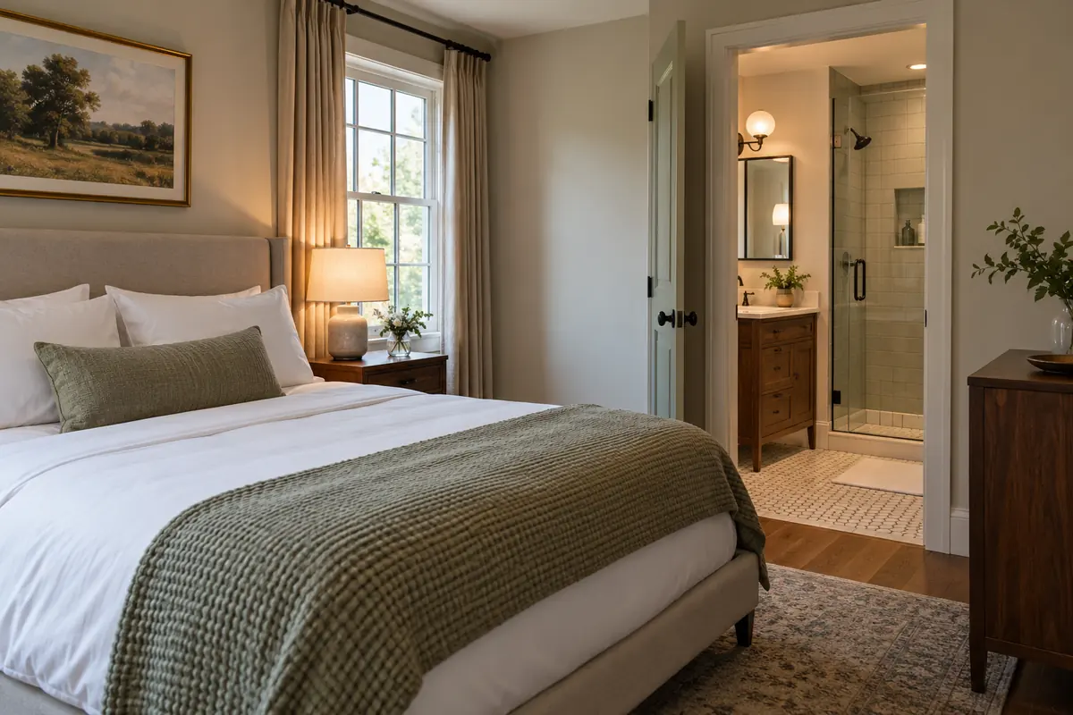 Guest bedroom with an open doorway to its private en-suite bathroom