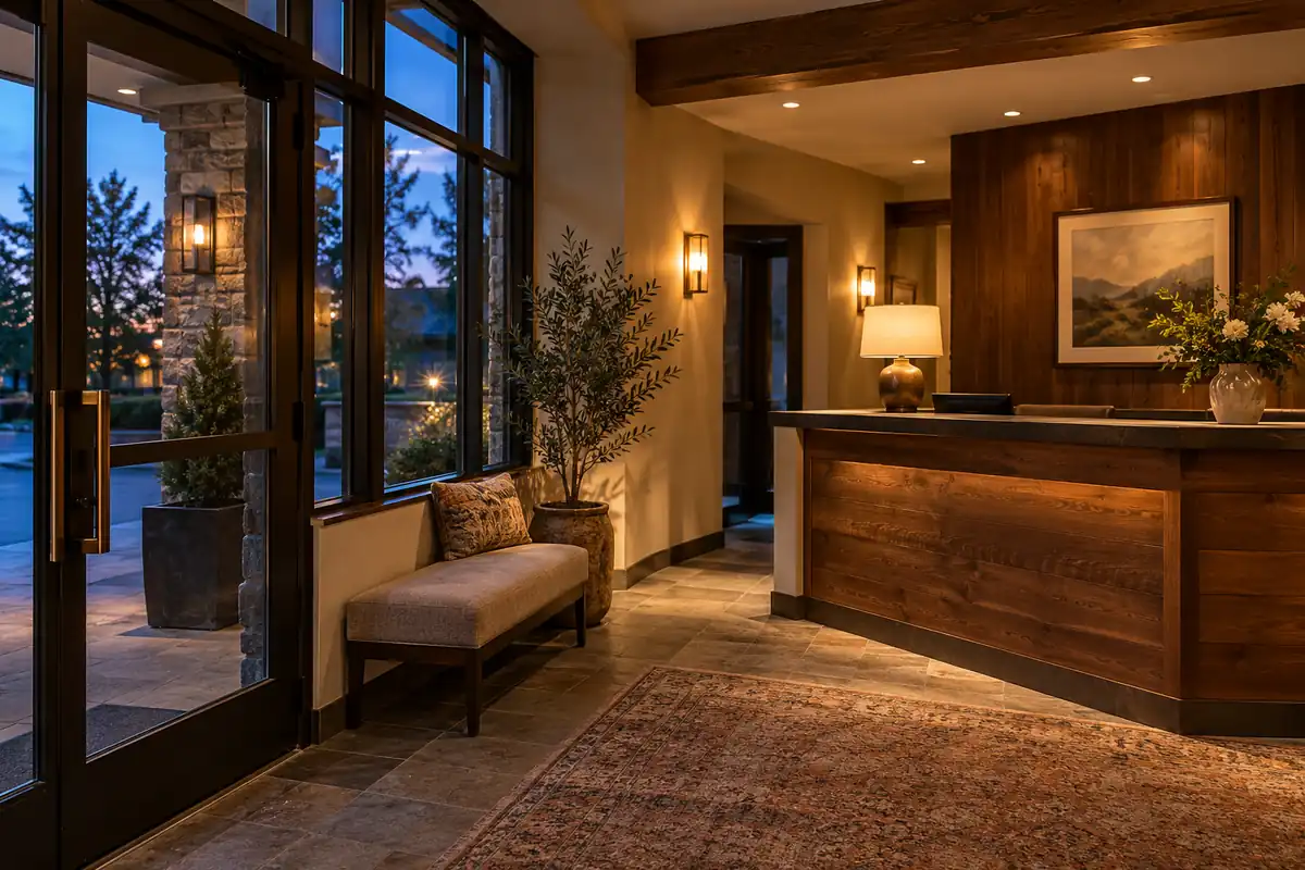 Boutique hotel entrance and wood reception counter in warm evening light