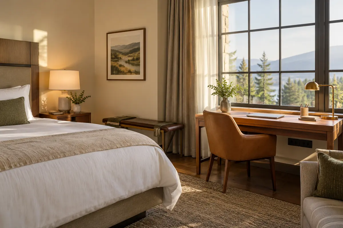 Hotel room with a usable desk, comfortable chair and daylight beside the window