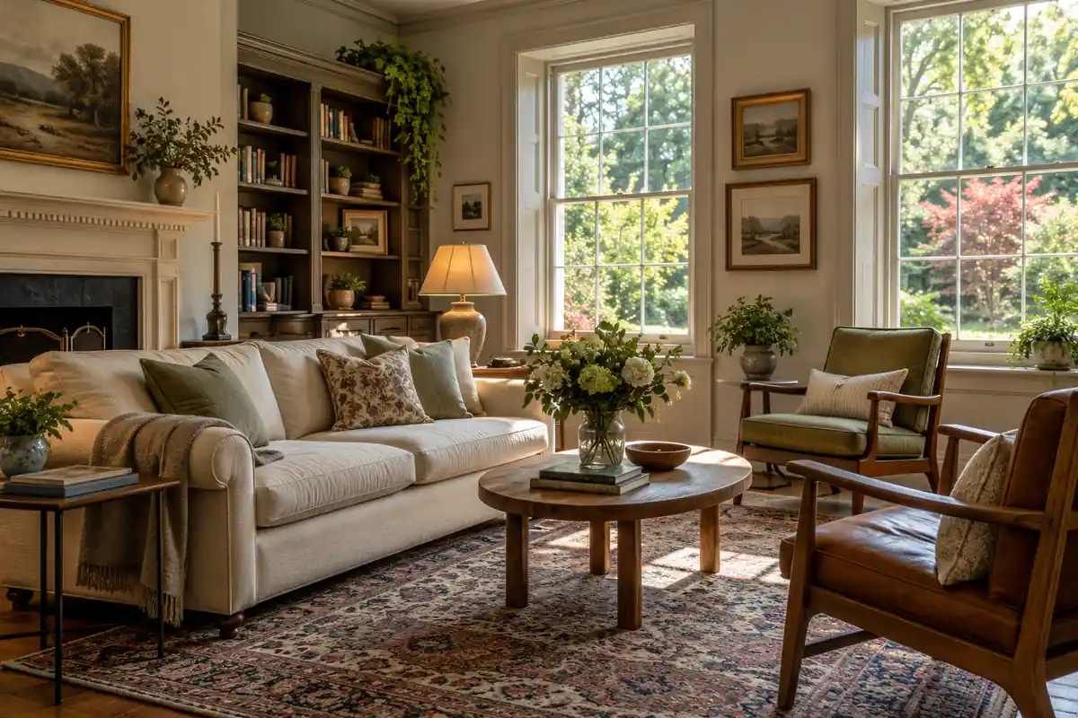 Inviting shared B&B lounge with sofas, armchairs and garden-facing windows