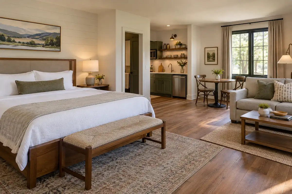 Lodging suite with separate sleeping and sitting areas, dining table and kitchenette