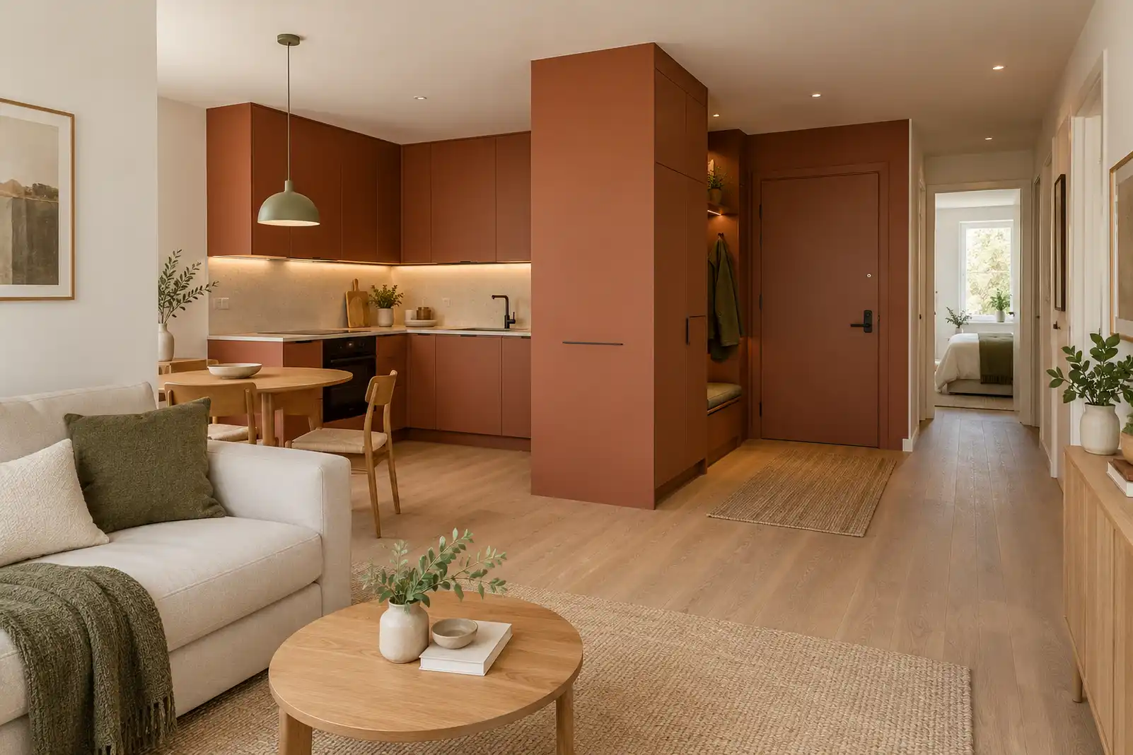 Color-blocked apartment with terracotta kitchen cabinets and integrated entry storage