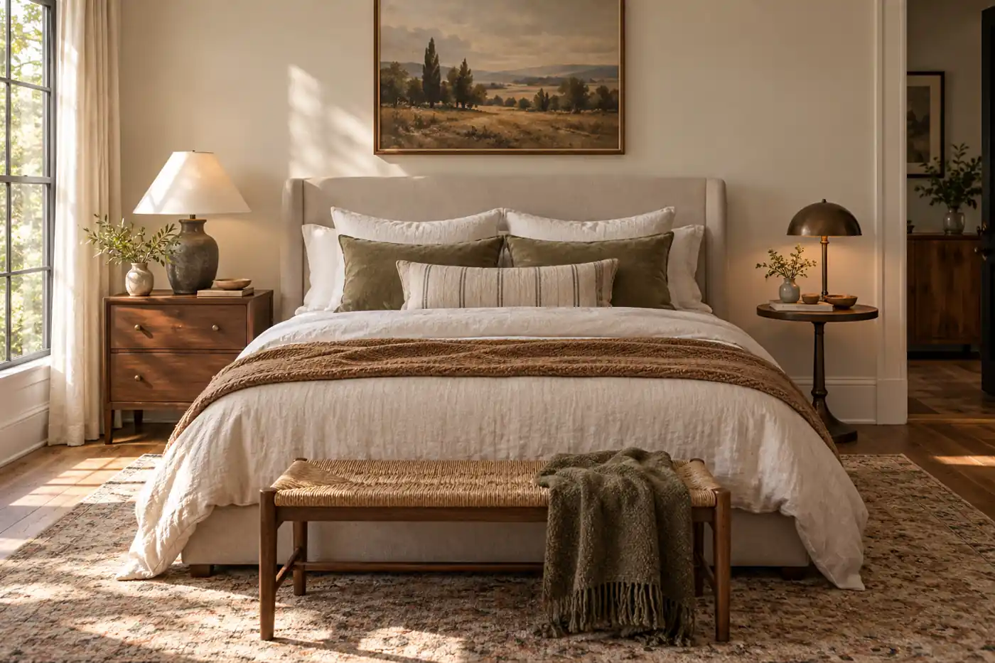 Walnut drawer nightstand and round wood-topped table coordinated beside a neutral bed