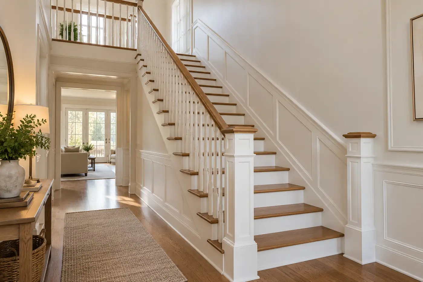Traditional oak staircase with white risers and painted wood balusters