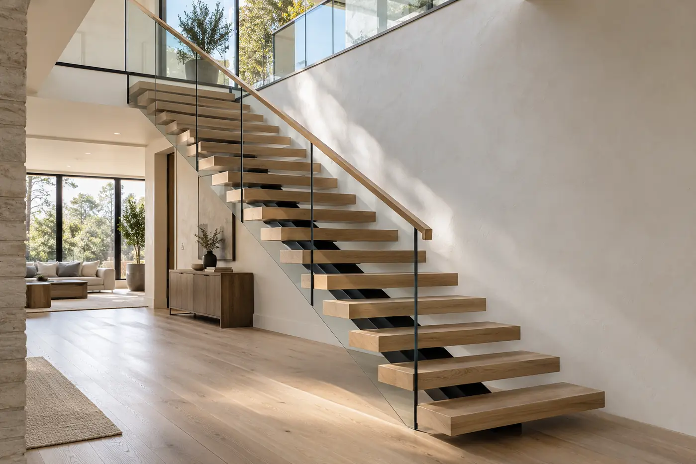 White oak floating staircase with a black central steel stringer and glass railing