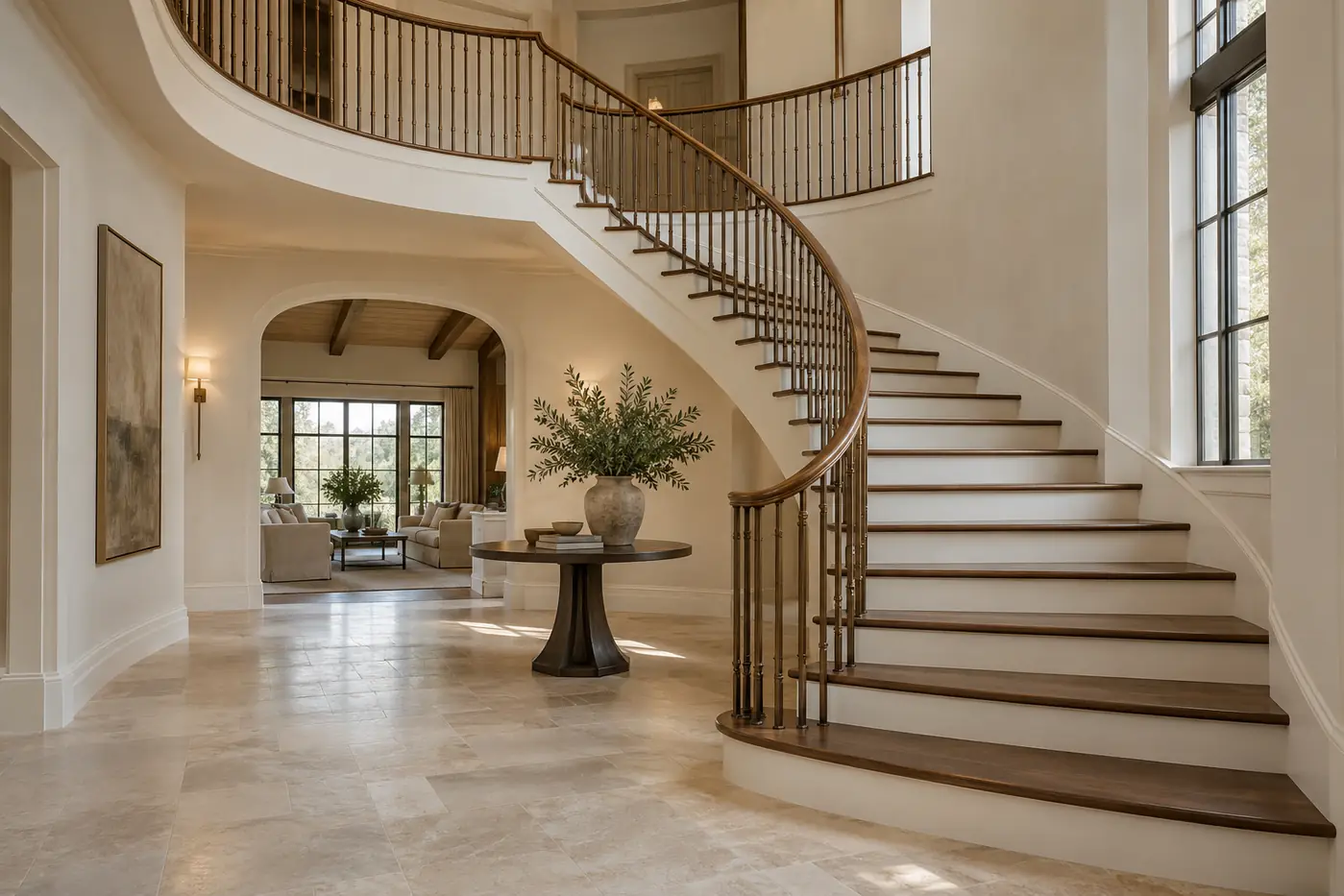 Curved walnut staircase with white risers and bronze balusters
