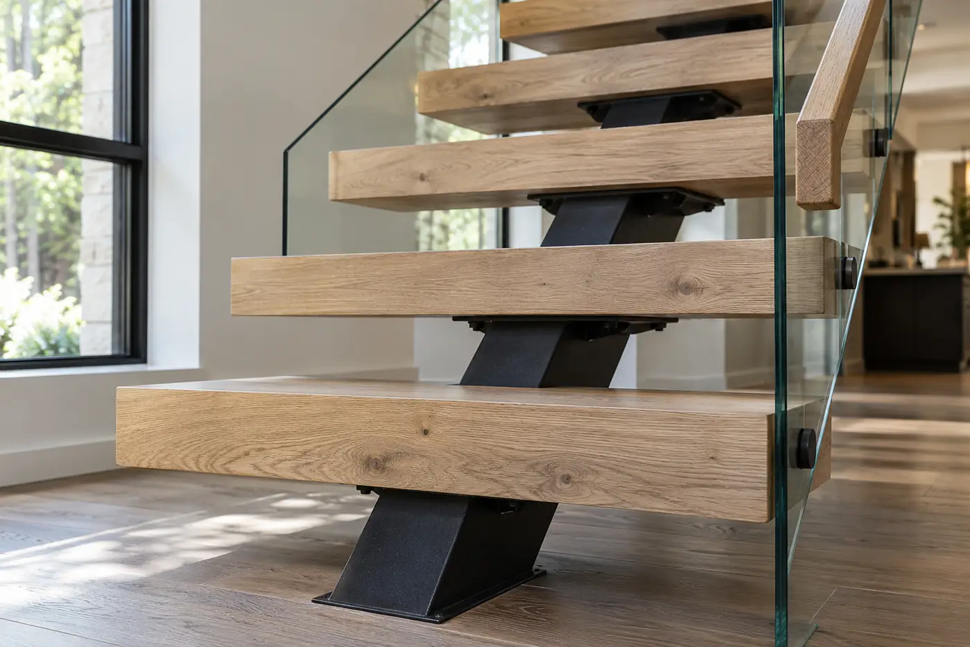 Close view of thick oak stair treads and black steel mounting brackets