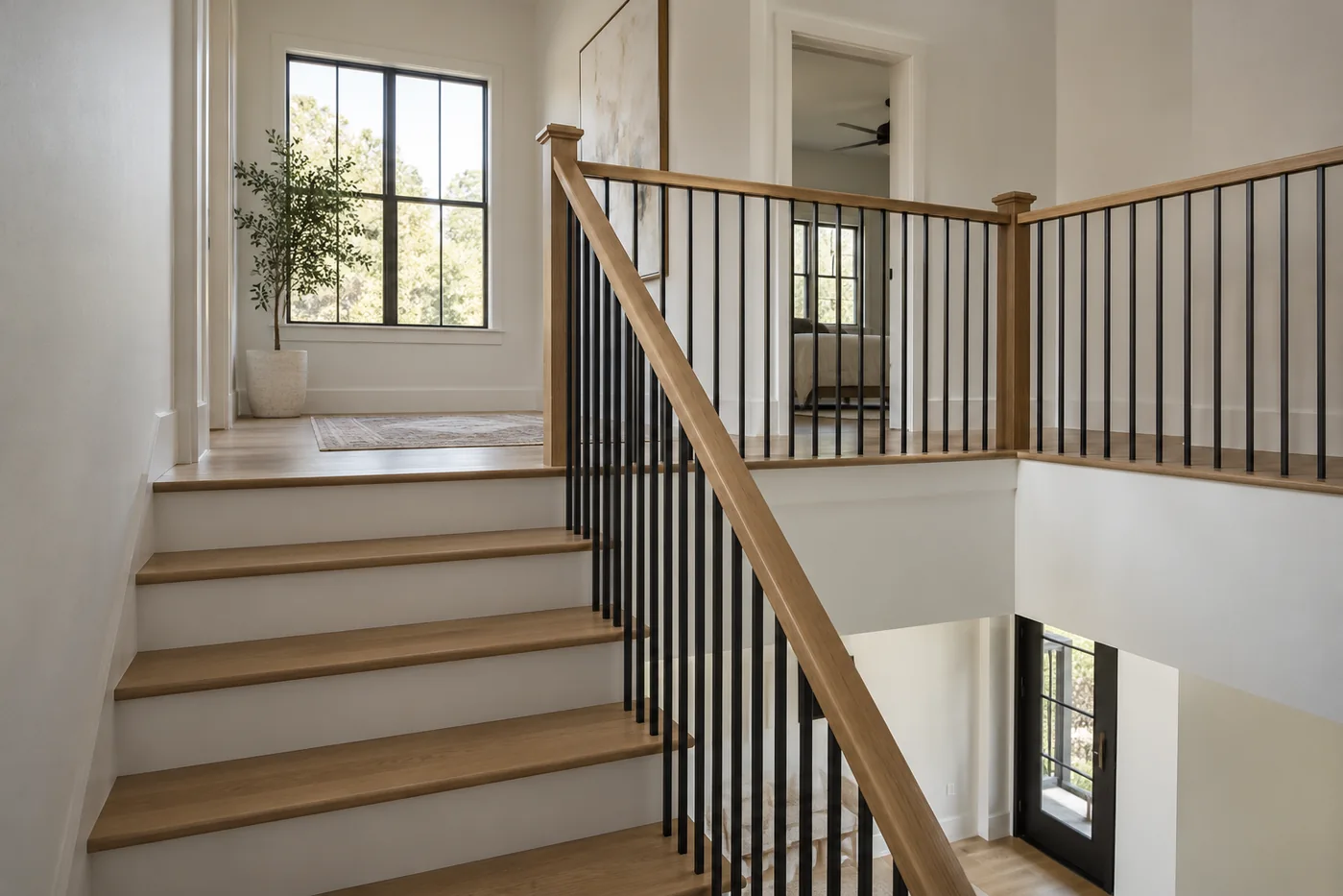 Oak handrail and black metal balusters continuing onto an upper landing