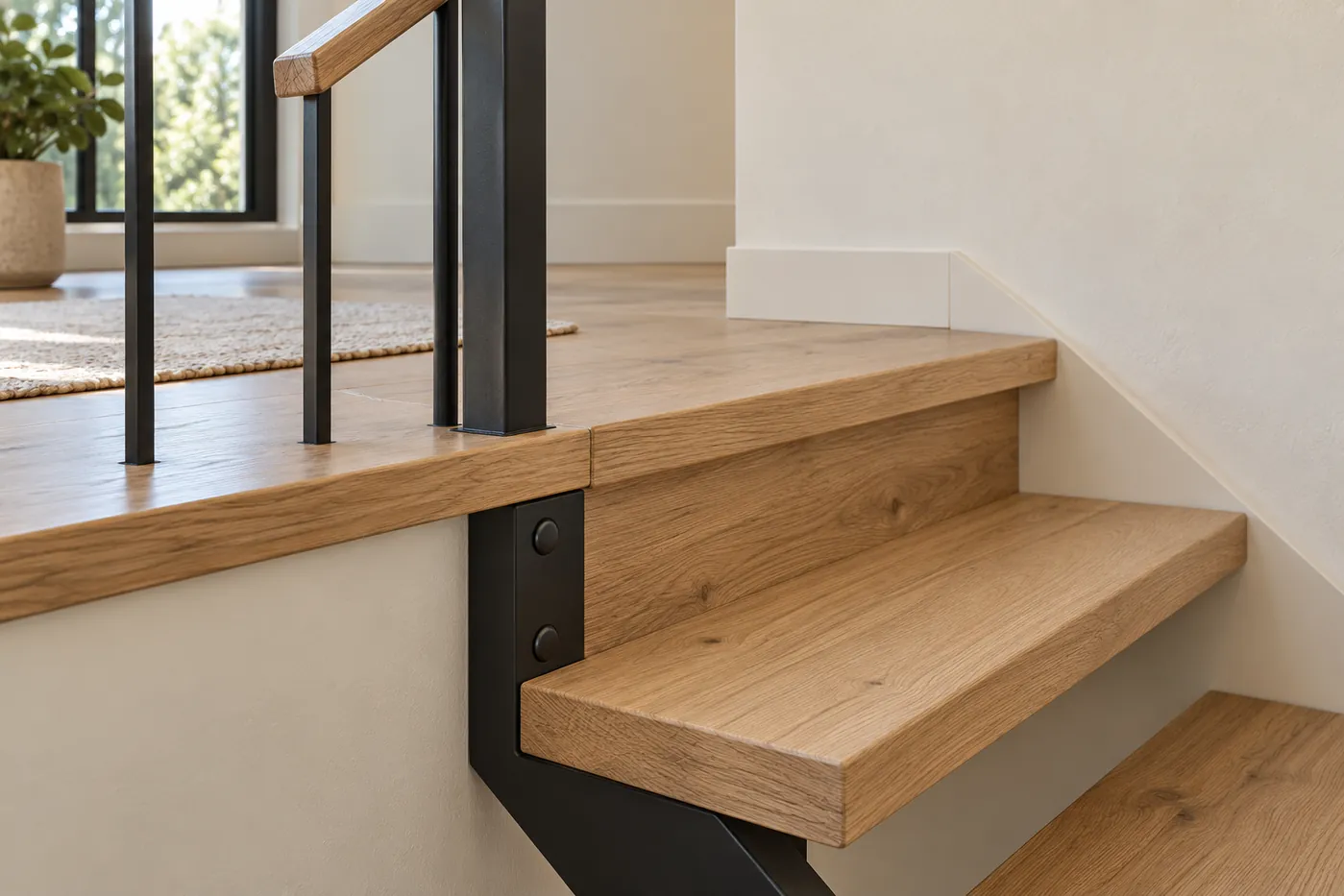 Oak stair tread and steel connection hardware at an upper landing