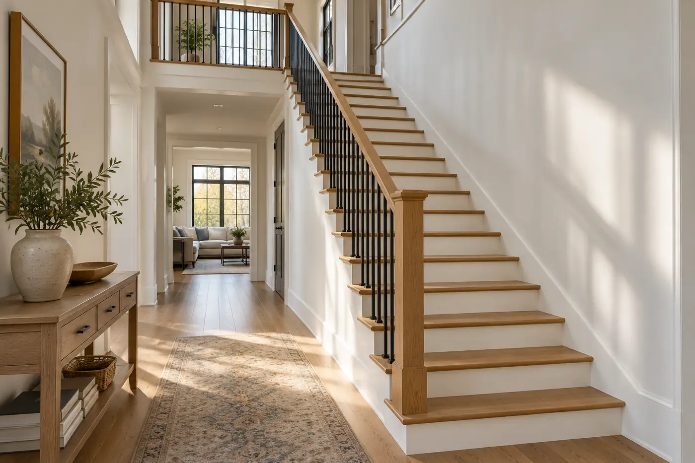 Straight oak staircase with white risers and simple black balusters