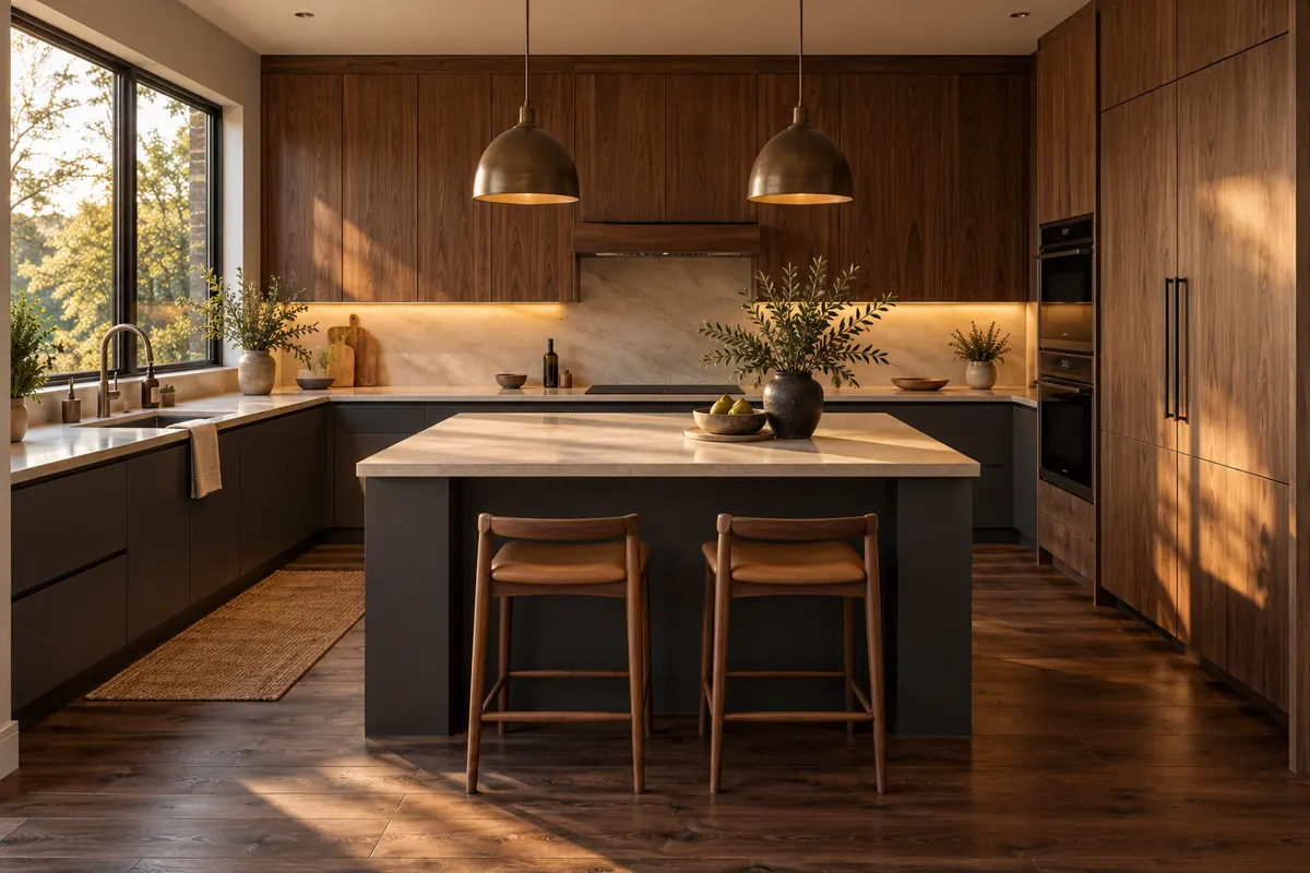 Charcoal and walnut modern kitchen balanced by pale stone surfaces, daylight, and warm task lighting.