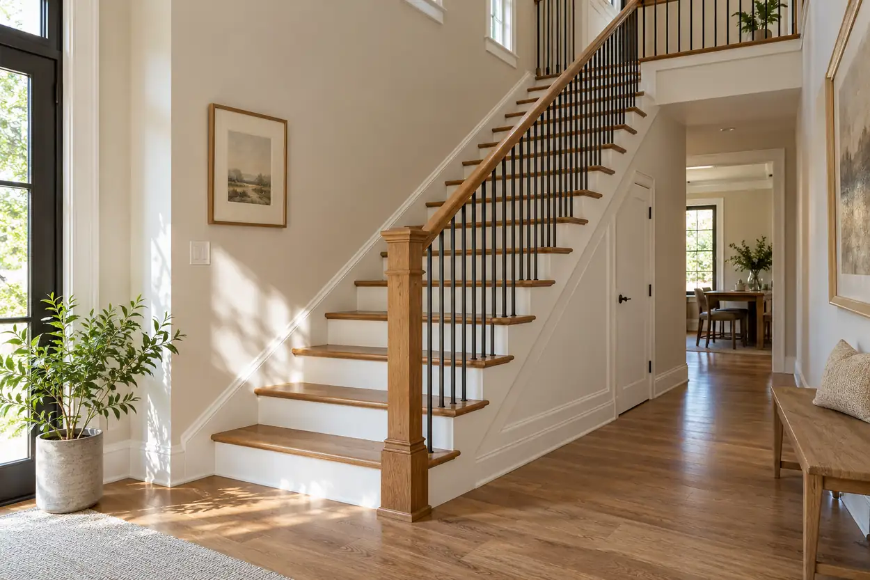 Traditional closed-riser oak staircase with white risers and enclosed under-stair storage in a warm residential entry