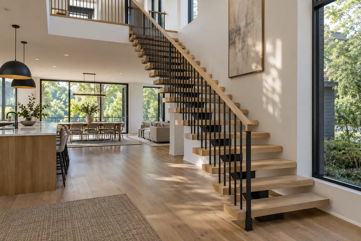 Central steel-stringer floating staircase preserving views between a living room and dining area