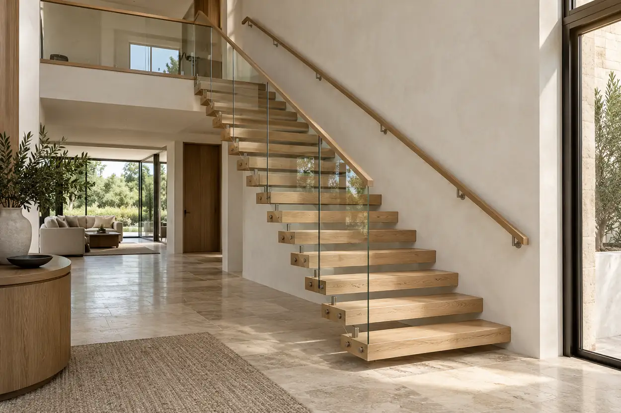 Wall-supported oak floating stair treads beside a plaster wall and clear glass guard