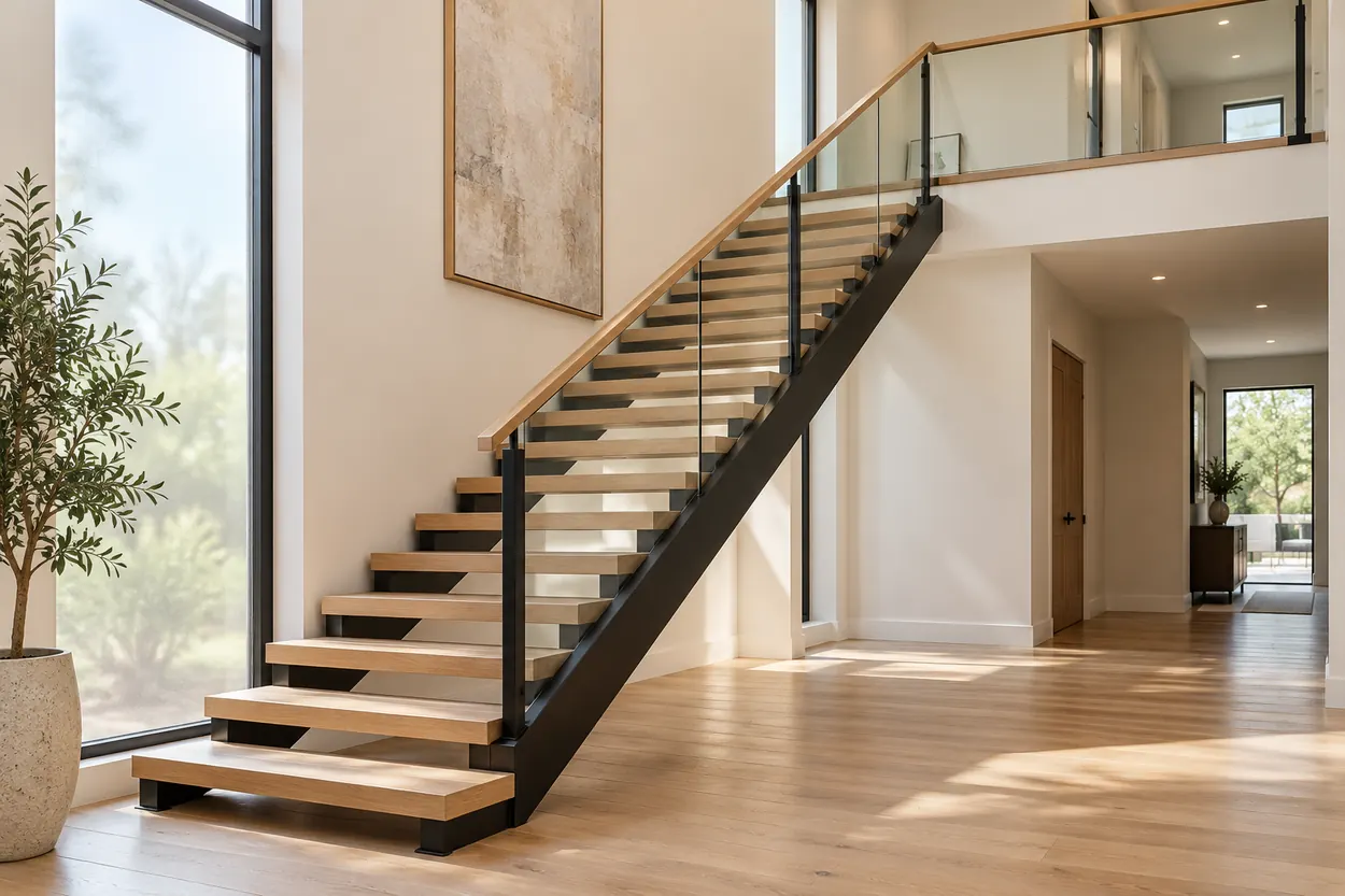 Oak open-riser staircase supported by two matte black side stringers in a modern residential foyer