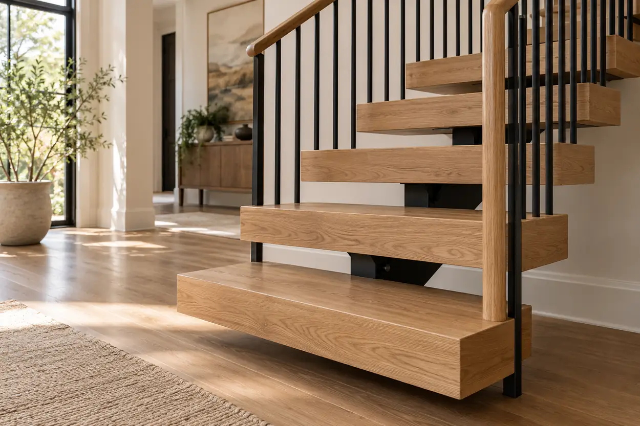 Close view of thick oak floating stair treads, a black support bracket and a continuous wood handrail