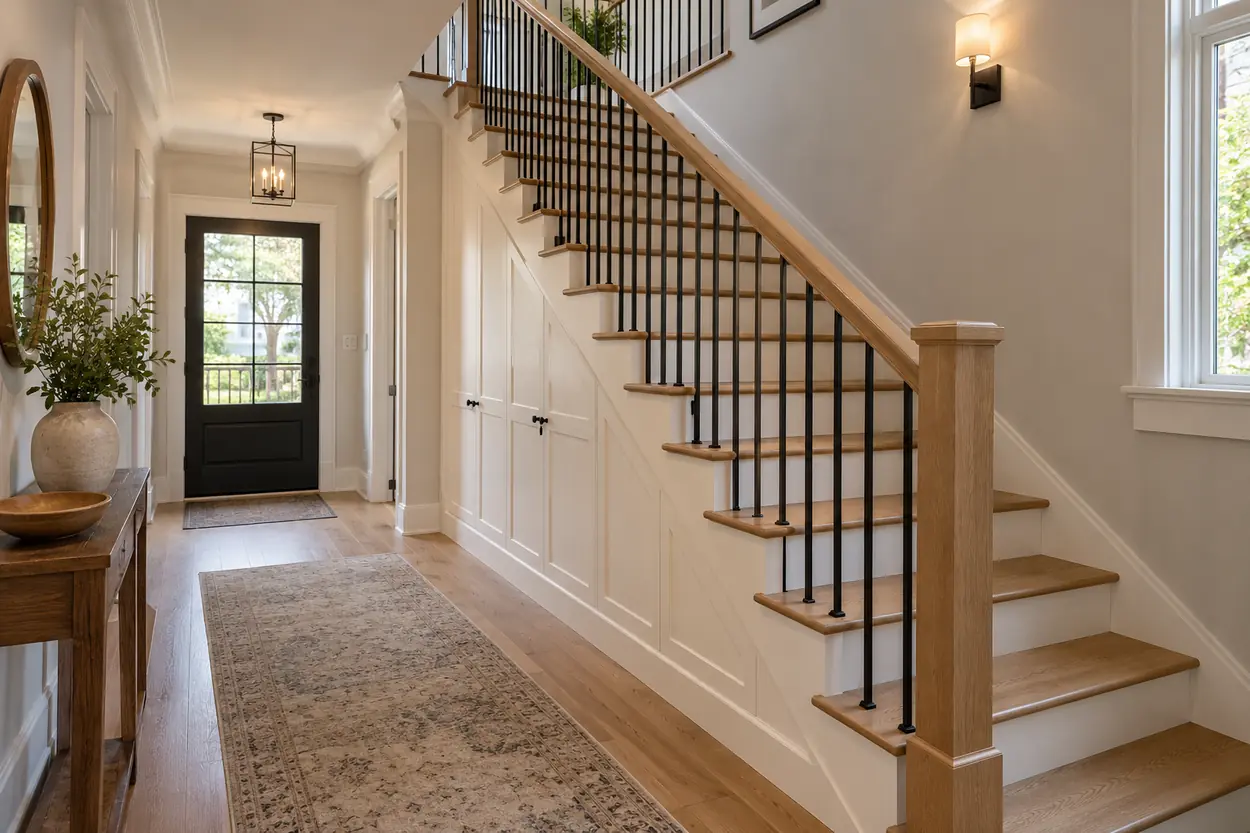 Compact closed-riser staircase with oak treads and white under-stair storage cabinets in a townhouse