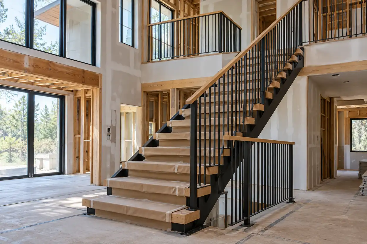 Steel-stringer oak staircase with tread protection and installed guards in an unfinished wood-frame home