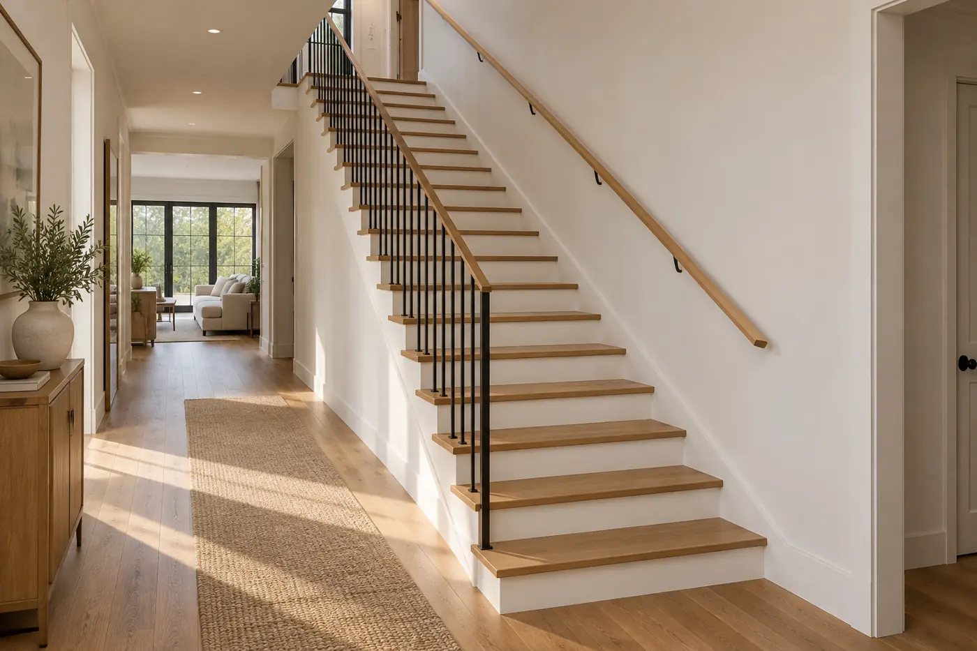 Straight oak staircase rising along a long hallway with white risers and black balusters