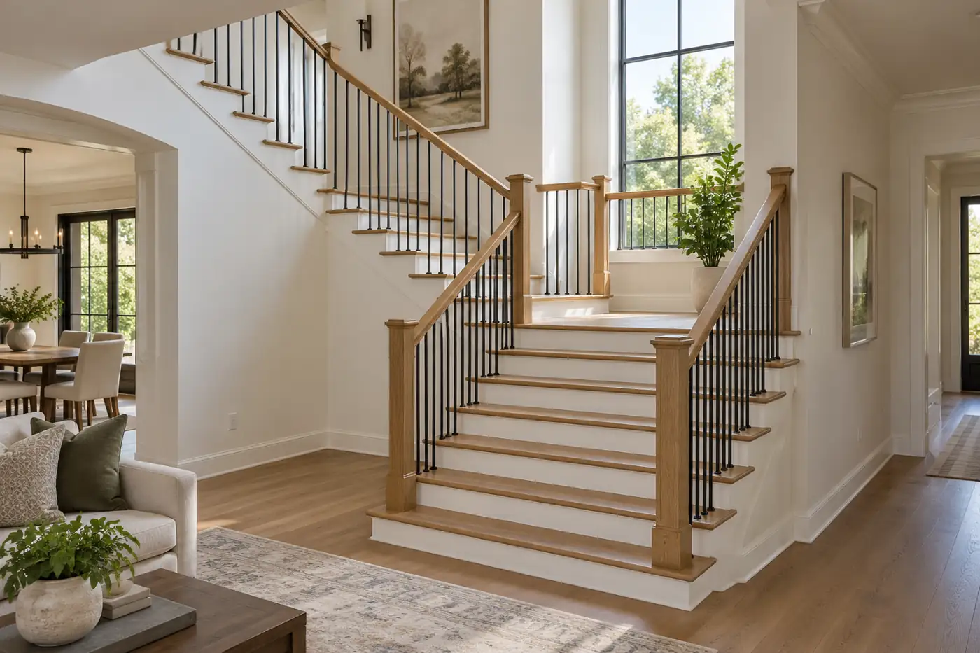 L-shaped oak staircase with a full landing turning toward an upper hallway