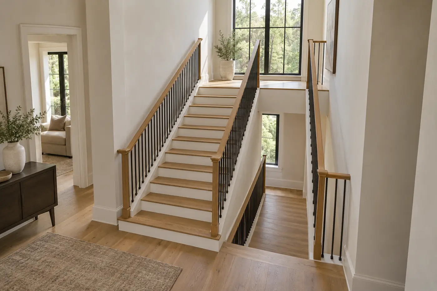 Parallel oak stair flights connected by a broad return landing in a bright stair hall