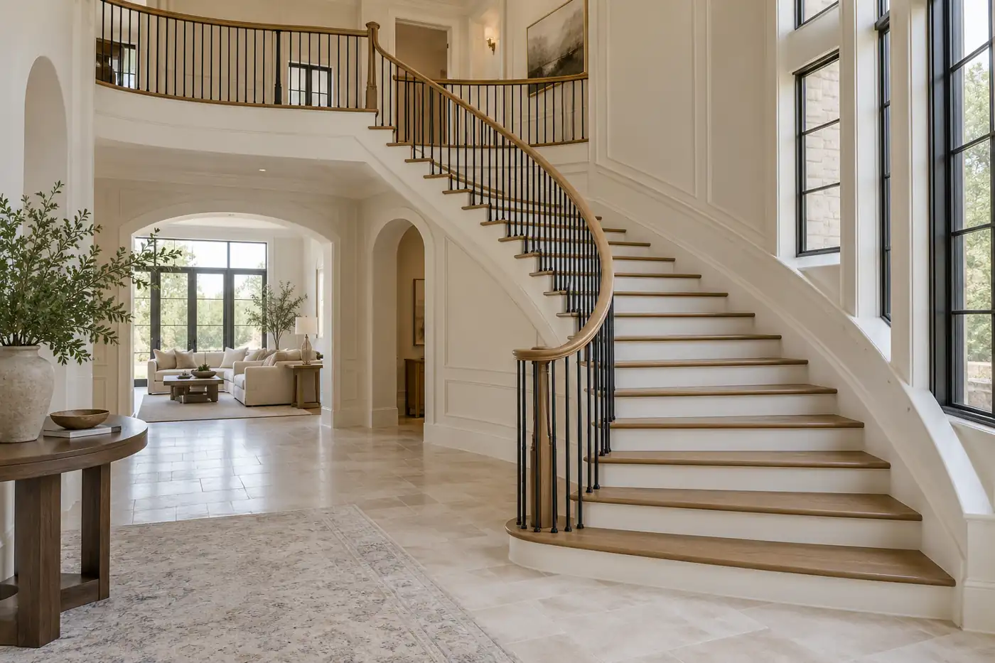 Broad curved oak staircase sweeping around an open residential entry