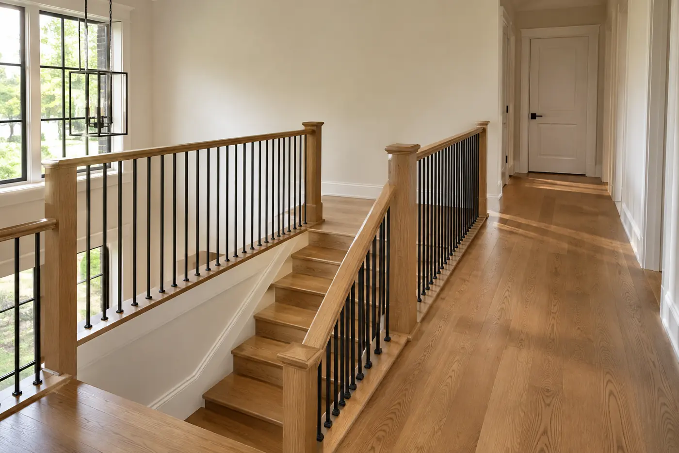 Upper landing with oak flooring, guarded stair opening, and bedroom doors set back from the stairs