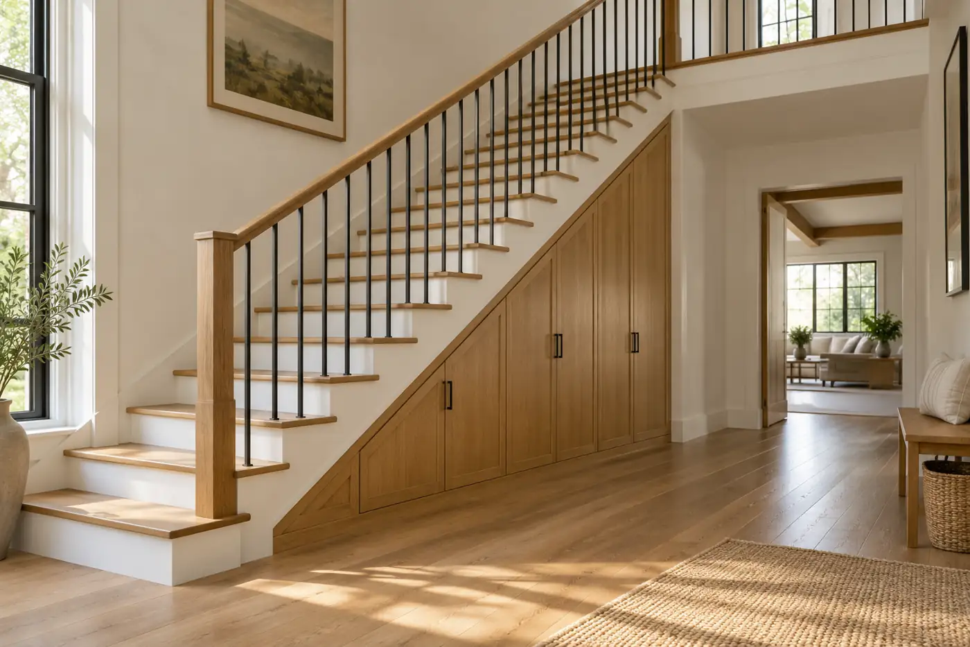 Closed oak storage cabinets beneath a straight staircase beside a clear hallway