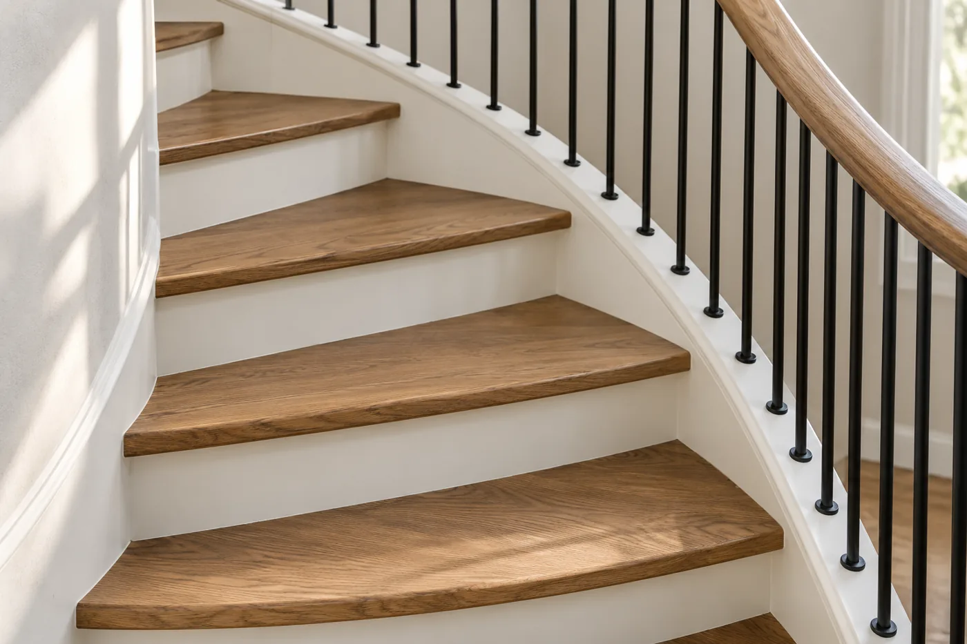 Close view of curved oak treads, white risers, and a continuous handrail