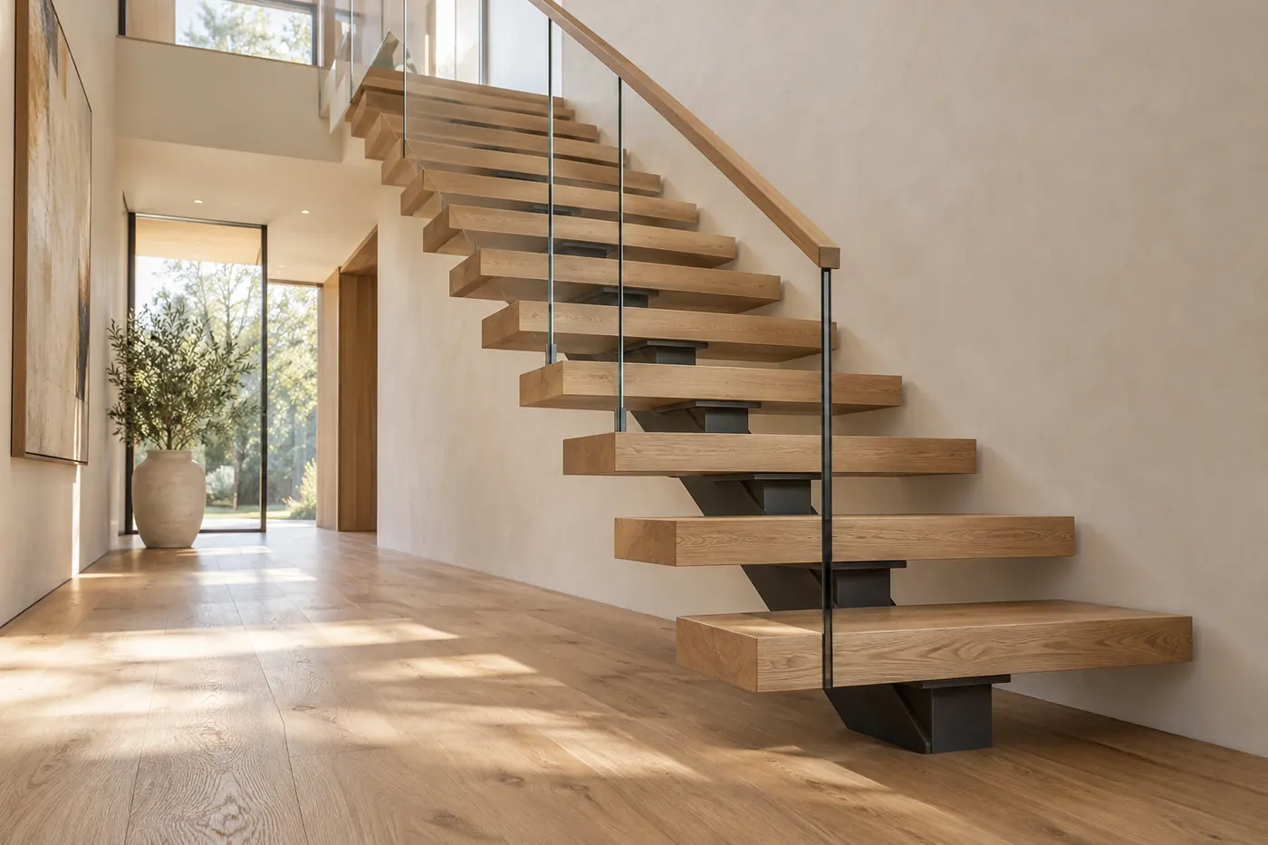 Central mono stringer supporting thick oak treads with a glass railing